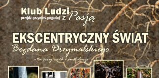 Z cyklu Klub Ludzi z Pasją JDK: Bogdan Drzymalski – twórca rzeźb i instalacji na obrazie na tle gałęzi znajdują się napisy informujące o spotkaniu z Bogdanem Drzymalskim w ramach klubu ludzi z pasją. Na środku, na zdjęciach znajdują się rzeźby z drewna oraz zdjęcie autora spotkania. Poniżej logo jasielskiego domu kultury tojoty