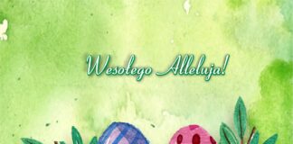 Życzenia świąteczne zielone tło, na którym znajdują się trzy pisanki niebiesko-fioletowa, zielona i różowa. Obok pisanek dwie zielone gałązki, a poniżej logo jasielskiego domu kultury