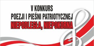 Jasielski Dom Kultury zaprasza do udziału w V Konkursie Poezji i Pieśni Patriotycznej „Niepodległa, Niepokorna” Obraz zawiera: Biało-czerwone barwy w które na środku bliżej prawej strony plakatu wpleciony jest klucz wiolinowy. U dołu znajdują się logotypy Oficjalnego Partnera Motoryzacyjnego Toyoty Jasło oraz Jasielskiego Domu Kultury. Plakat zawiera także tekst: V Konkurs Poezji i Pieśni Patriotycznej Niepokorna, Niepodległa.