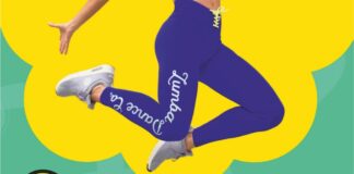Zumba w JDK Na zielonożółtym plakacie znajduje się napis zumba w jdk. W górnej części plakatu, na żółtej chmurze widać nogi kobiety w skoku. Na sobie ma fioletowe spodnie dresowe z białym napisem zumba dance oraz białe sportowe buty. na dole na żółtej chmurze w prawym rogu jest logo jasielskiego domu kultury, natomiast w lewym logo tojoty