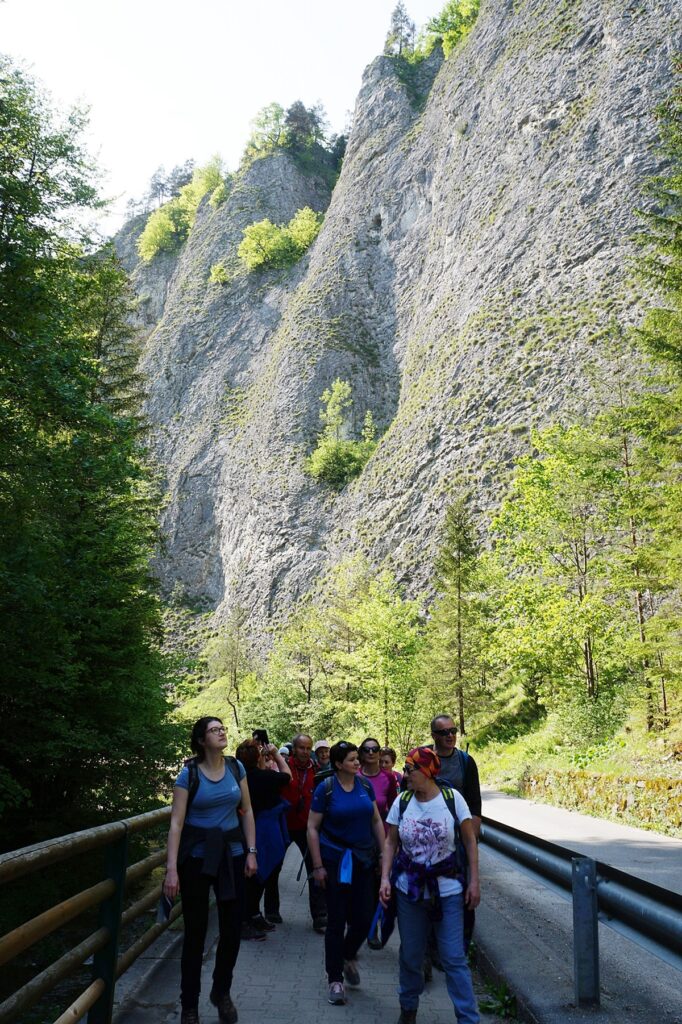 Grupa osób podziwia zapierające dech w piersi słowackie ściany skałkowe. 