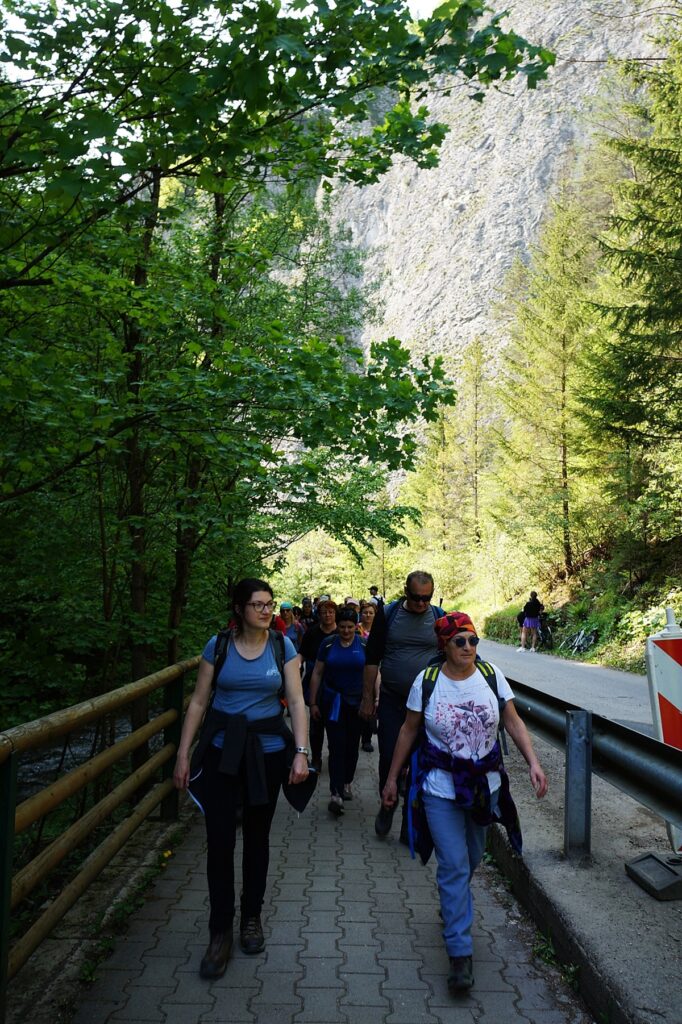 Uczestnicy wycieczki wędrują Parkiem Słowackim, podziwiając piękne widoki przyrody.