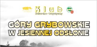 KK-T JDK i PTTK zapraszają w Góry Grybowskie Zamglony jesienny krajobraz, a na nim cieniowany na żółto napis góry grybowskie w jesiennej odsłonie. Nad nim, po lewej stronie żółte logo, obok na środku biały napis w żółtych konturach klub kulturalno-turystyczny, obok logo polskiego towarzystwa turystyczno krajoznawczego oraz herb miasta Jasła