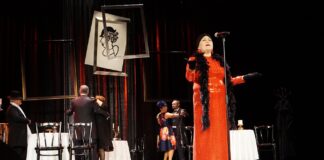 Kabaret i piosenka w jednym Na scenie stoi kobieta. Ubrana jest w długą, czerwoną suknię i czarny szal z piór. Głowę okrywa chusta w kolorze czarnym. Kobieta śpiewa do mikrofonu.