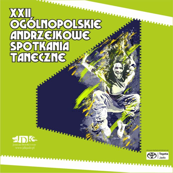 ikonka AST 2023 Obrazek z tłem o neonowej zieleni, w górnej i dolnej części pod skosem przebiega biały zębaty pasek. Pomiędzy nimi, na górze po lewej stronie biały napis dwudzieste drugie ogólnopolskie andrzejkowe spotkania taneczne. Poniżej, zdjęcie w kształcie odwróconego trapezu, na którym znajduje się tancerka. Zdjęcie jest granatowobiałe. W lewym dolnym rogu znajduje się biały logotyp jasielskiego domu kultury, natomiast w ;prawym dolnym rogu logotyp tojoty jasło