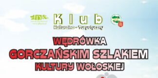 Obraz zawiera: Zdjęcie łąki w niemal bezchmurny, letni dzień, elementy ludowej krajki. W górnej części z lewej strony logotyp JDK z prawej logotyp PTTK. W lewej dolnej części logotyp Toyoty Jasło. W górnej i środkowej części plakatu znajduje się tekst: Klub Kulturalno - Turystyczny. Wędrówka Gorczańskim Szlakiem Kultury Wołoskiej.