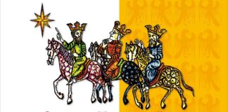 Obraz zawiera: Trzech jeźdźców w koronach na koniach. Pierwszy wskazuje na prowadzącą ich gwiazdę. Plakat zawiera również tekst: Orszak Trzech Króli. Jasło, 6 stycznia 2024, sobota. Godzina 12.00 - msza święta w kościele Ojców Franciszkanów. godzina 12.30 - formowanie Orszaku przed kościołem, przemarsz ulicami miasta. Trasa przemarszu: kościół oo. Franciszkanów, Jasielski Dom Kultury, Kolegiacka Rzymsko - Katolicka parafia p.w. najświętszej Marii Panny w Jaśle (kościół farny) i zakończenie uroczystości na placu farnym. Program artystyczny: - scena walki dobra ze złem /młodzież z Zespołu Szkół nr 4 w Jaśle/; - adoracja żłóbka i pokłon Trzech Króli /zespoły artystyczne JDK/; - kolędowanie z Kapelą Ludową Trzcinicoki.