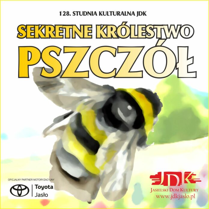 ikonka pszczoły miniatura obrazu, na białym tle znajduje się malowana pszczoła, nad nią żółty napis sekretne królestwo pszczół. Na samej górze, czarną czcionką sto dwudziesta ósma studnia kulturalna jasielskiego domu kultury. Na dole, po lewej stronie logo partnera motoryzacyjnego, po prawej stronie logo jasielskiego domu kultury.