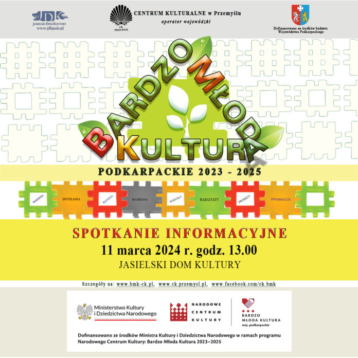 Kwadratowy obraz na jasnym tle informujący o projekcie bardzo młoda kultura. Litery kolorowe oraz logotypy organizatorów i partnerów. Dodatkowo informacja o spotkaniu informacyjnym w jasielskim domu kultury