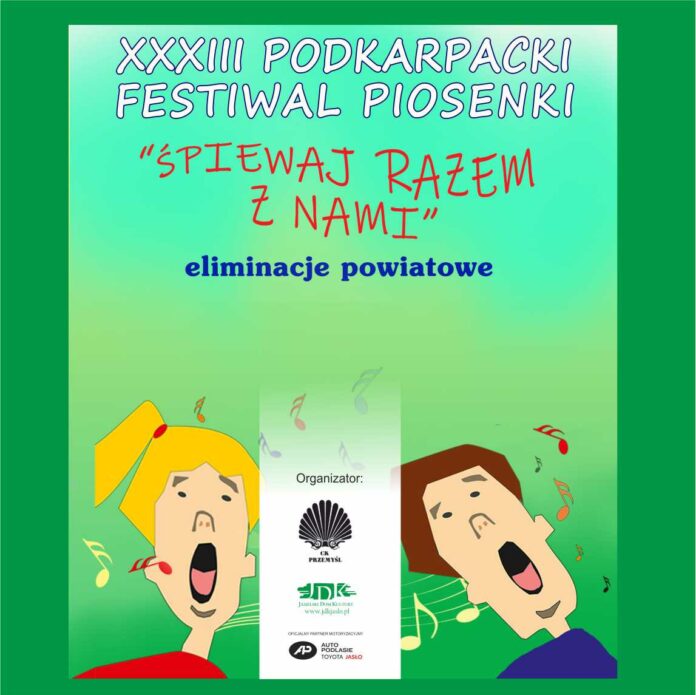 ikonka festiwal Kwadratowy obraz w kolorze zielonym tle. na samej górze, na środku napis trzydziesta trzecia edycja festiwalu piosenki napisy białe, pod spodem informacja o eliminacjach powiatowych. Na dole grafika dwie śpiewające głowy po obydwu stronach plakatu oraz logotypy organizatorów i sponsora
