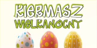 Kiermasz wielkanocny Obra kwadratowy, Na jasnym tle informacja o kiermaszu wielkanocnym. napis jest zielonobiały, na środku duże kolorowe pisanki. W lewym dolnym rogu logo tojoty ,w prawym logo jasielskiego domu kultury