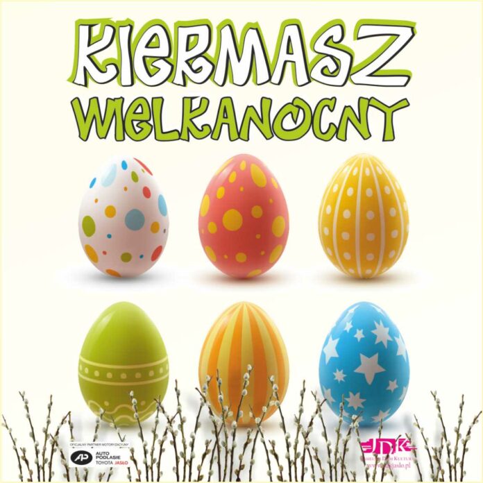 ikonka kiermasz Obra kwadratowy, Na jasnym tle informacja o kiermaszu wielkanocnym. napis jest zielonobiały, na środku duże kolorowe pisanki. W lewym dolnym rogu logo tojoty ,w prawym logo jasielskiego domu kultury