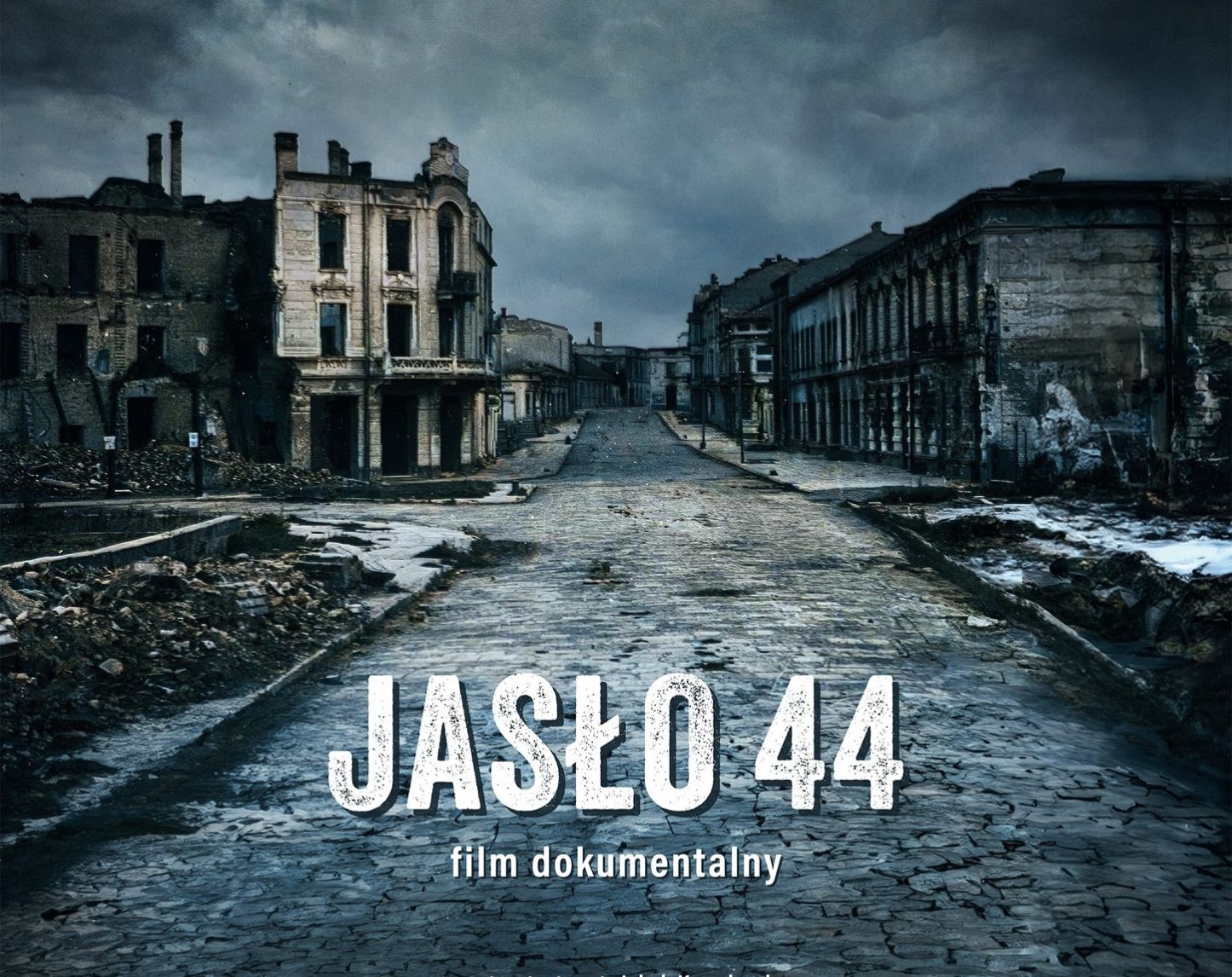 miniaturka jasło 44 Zniszczone budynki miasta, ruiny i zgliszcza w niebieskiej tonacji. Na dole, na środku kwadratowego obrazu, biały tytuł filmu