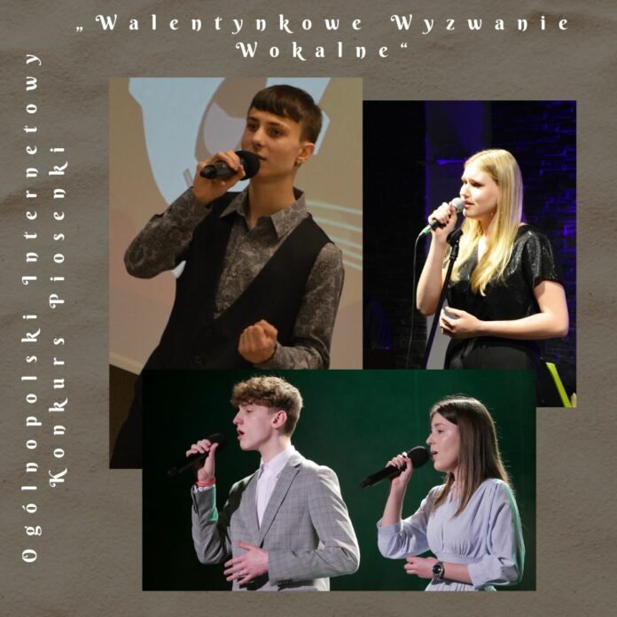 Na szarym tle zdjęcia solistów jasielskiego domu kultury, laureatów walentynkowego konkursu