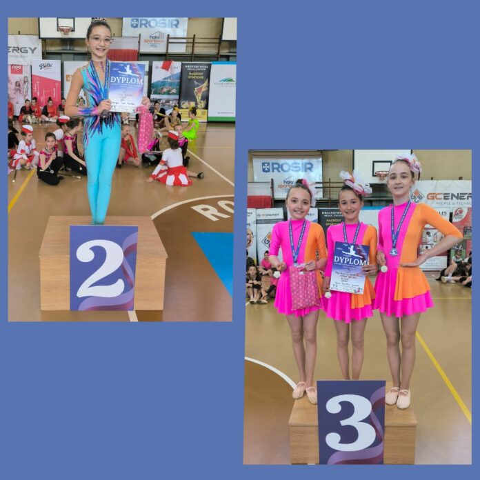 I Otwarty Puchar Polski Mażoretek Obraz na niebieskim tle przedstawia dwa zdjęcia. pierwsze w lewym górnym rogu to dziewczynka w turkusowym stroju w okularach stoi na podium i trzyma przed sobą dyplom. Na podium znajduje się numer dwa. W prawym dolnym rogu na podium z numerem trzy stoją trzy dziewczynki ubrane w różowopomarańczowe stroje. Jedna z nich, stojąca w środku trzyma przed sobą dyplom