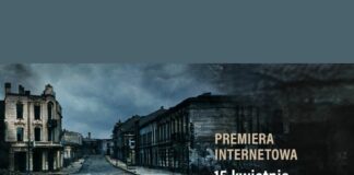 Grafika w kolorze ciemnogranatowym z białymi napisami. W tle ruiny zniszczonego jasła