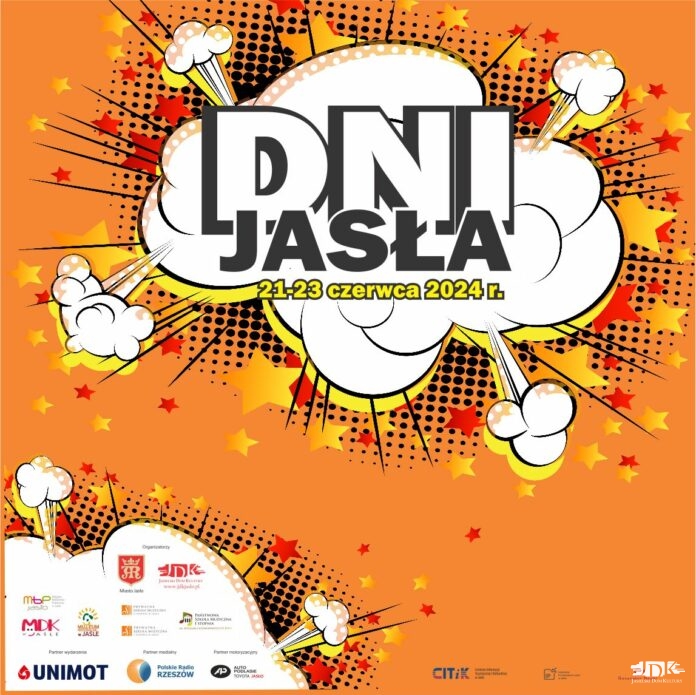 Obraz zawiera: Chmurę dymu po fajerwerkach z napisem: "Dni Jasła, 21 - 23 czerwca 2024 r.". W lewym dolnym rogu plakatu umieszczono logotypy organizatorów i patronów wydarzenia czyli Miasta Jasła, Jasielskiego Domu Kultury, Miejskiej Biblioteki Publicznej, Muzeum Regionalnego w Jaśle, Młodzieżowego Domu Kultury Państwowej i Prywatnej Szkoły Muzycznej, Unimotu, Auto Podlasie Toyoty Jasło oraz patrona medialnego Polskiego Radia Rzeszów.