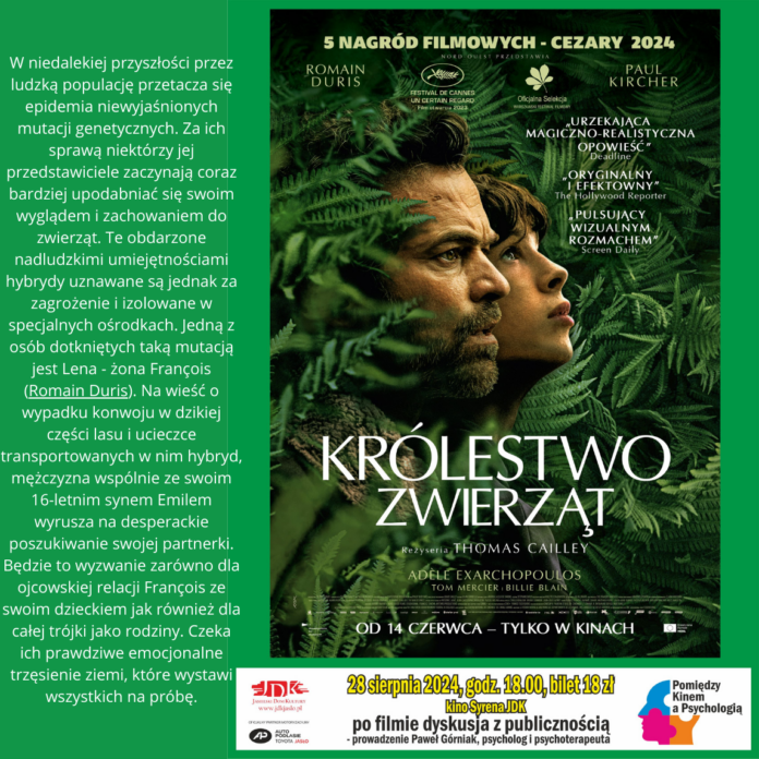 królwestwo zwierząt - miniaturka na zielonym kwadratowym tle plansza ze zdjęciem z filmu królestwo zwierząt, obok planszy opis filmu napisany białą czcionką. W dolnej części obrazu logotypy i informacje o terminie, miejscu i cenie biletu