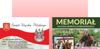 Plakat: na czerwonym tle znajdują się dwa plakaty: po lewej stronie informujący o święcie wojska polskiego w jaśle, drugi o memoriale Hubala