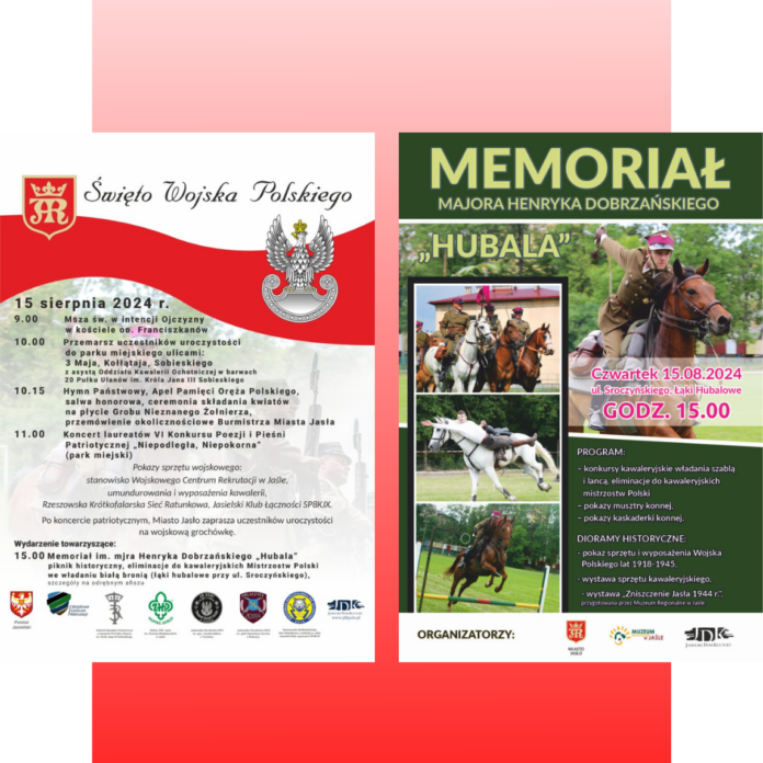 Plakat: na czerwonym tle znajdują się dwa plakaty: po lewej stronie informujący o święcie wojska polskiego w jaśle, drugi o memoriale Hubala