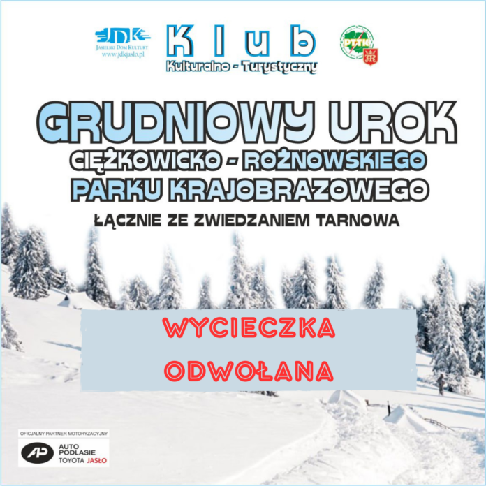 Bez tytułu (1146 x 1146 px) Plakat informujący o odwołanej wycieczce, planowanej na siódmego grudnia dwa tysiące dwudziestego czwartego roku