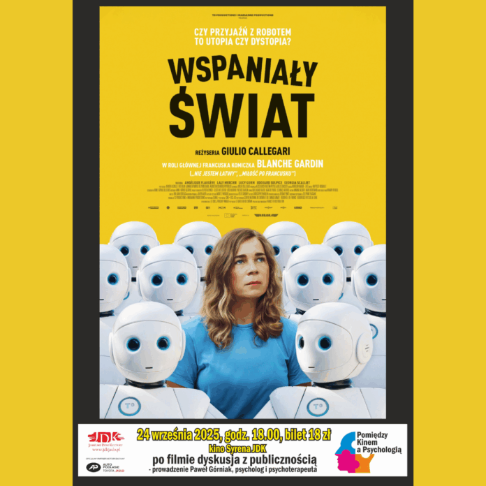 Mały plakat informujący o emisji filmu "Wspaniały świat" w Kinie Jasielskiego Domu Kultury - Syrena. Seans odbywa się w ramach cyklu "Pomiędzy kinem a psychologią"