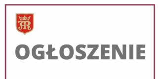 Herb miasta Jasla i napis ogłoszenie.