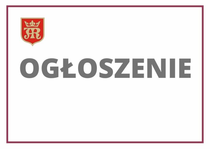 Herb miasta Jasla i napis ogłoszenie.