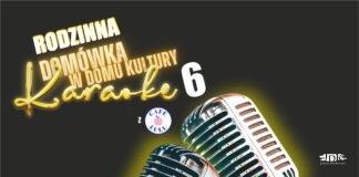 ciemnobrązowy plakat informujący ma domówce w domu kultury, na obrazku dwa mikrofony oraz logotyp tojoty jasło, jasielskiego domu kultury oraz cafe lulu