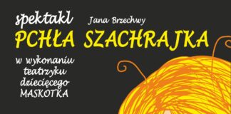Na czarnym tle obrazka informacje o spektaklu teatru dziecięcego jasielskiego domu kultury pchał szachrajka oraz uśmiechnięta buźka dziewczynki w formie obrazka narysowanego kredką