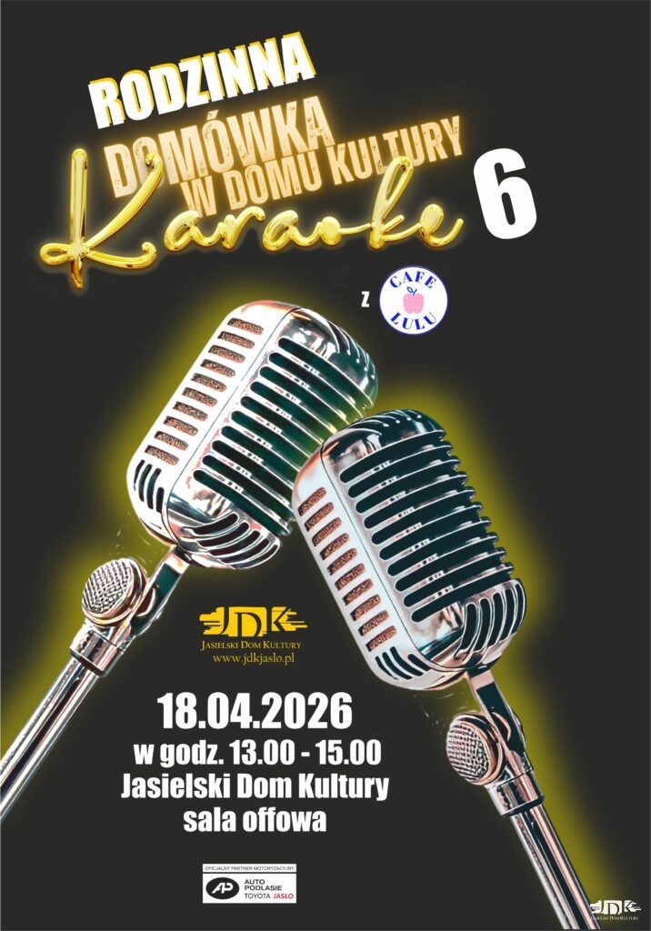 ciemnobrązowy plakat informujący ma domówce w domu kultury, na obrazku dwa mikrofony oraz informacje o terminie wydarzenia, logotyp tojoty jasło