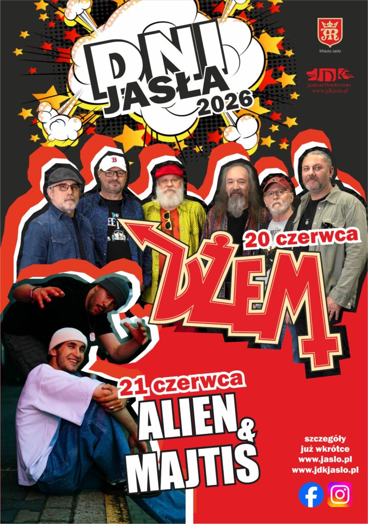 Plakat Dni Jasła 2026 w komiksowej stylistyce. Na ciemnym tle z czerwono-żółtymi gwiazdami i dużym napisem „Dni Jasła 2026” widnieje zapowiedź dwóch koncertów. W centrum znajduje się zespół Dżem z dużym czerwonym logo i informacją „20 czerwca”. W lewej dolnej części plakatu umieszczono zdjęcie duetu Alien & Majtis oraz napis „21 czerwca Alien & Majtis”. W prawym górnym rogu są logotypy Miasta Jasła i Jasielskiego Domu Kultury, a w prawym dolnym rogu informacja „szczegóły już wkrótce” z adresami www.jaslo.pl i www.jdkjaslo.pl oraz ikonami Facebooka i Instagrama.