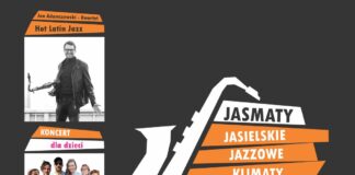Grafika promująca koncerty w ramach „Jasmaty – Jasielskie Jazzowe Klimaty im. Jerzego „Dudusia” Matuszkiewicza”. Na ciemnym tle znajdują się trzy plakaty. Pierwszy przedstawia muzyka z saksofonem i zapowiada występ „Jan Adamczewski – Kwartet Hot Latin Jazz”. Drugi to kolorowa zapowiedź koncertu dla dzieci „Mamy Śpiewamy”. Trzeci przedstawia Paulinę Przybysz i informuje o koncercie „INSIDES & Mama’s Car”. Po prawej stronie znajduje się logo wydarzenia „Jasmaty – Jasielskie Jazzowe Klimaty”, z informacją o organizatorach i partnerach.
