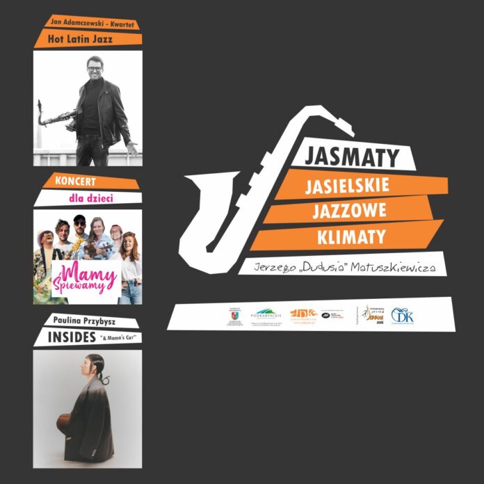 ikonka jasmaty wspólne Grafika promująca koncerty w ramach „Jasmaty – Jasielskie Jazzowe Klimaty im. Jerzego „Dudusia” Matuszkiewicza”. Na ciemnym tle znajdują się trzy plakaty. Pierwszy przedstawia muzyka z saksofonem i zapowiada występ „Jan Adamczewski – Kwartet Hot Latin Jazz”. Drugi to kolorowa zapowiedź koncertu dla dzieci „Mamy Śpiewamy”. Trzeci przedstawia Paulinę Przybysz i informuje o koncercie „INSIDES & Mama’s Car”. Po prawej stronie znajduje się logo wydarzenia „Jasmaty – Jasielskie Jazzowe Klimaty”, z informacją o organizatorach i partnerach.