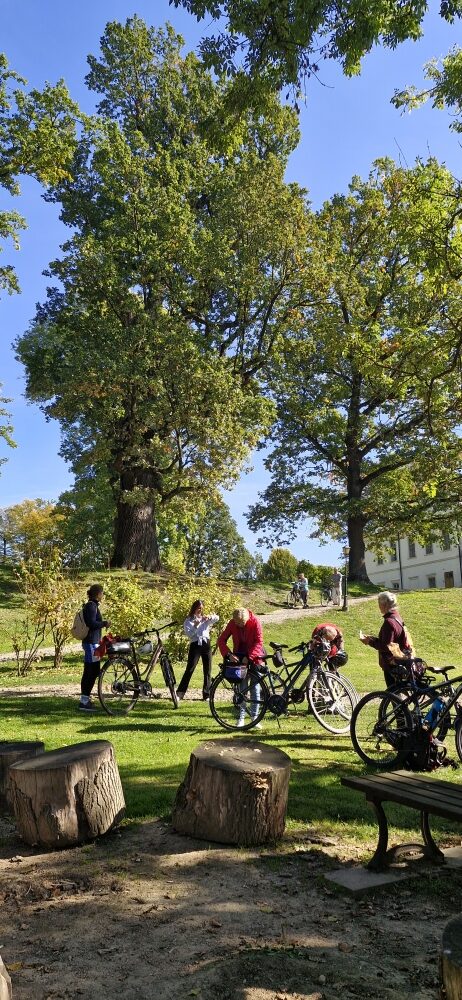grupa rowerzystów przygotowująca się do drogi, a w tle biały budynek pałacowy