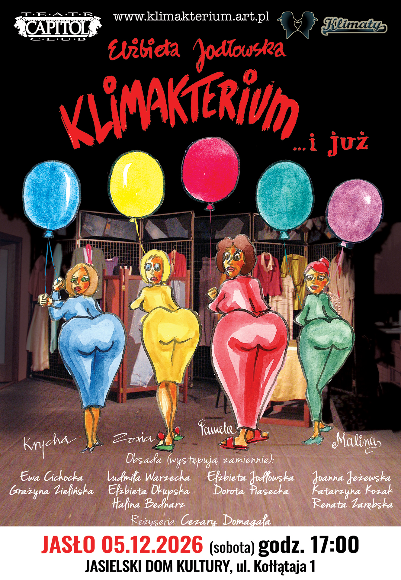 Plakat spektaklu teatralnego „Klimakterium… i już” Elżbiety Jodłowskiej, przedstawiający kolorowe, rysunkowe postacie kobiet z balonami na czarnym tle.