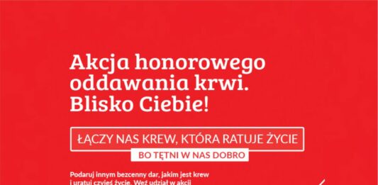 Czerwony plakat promujący honorowe oddawanie krwi, zachęcający do udziału w akcji i ratowania życia poprzez krwiodawstwo. Na plakacie znajduje się ilustracja dłoni z sercem oraz motyw EKG.
