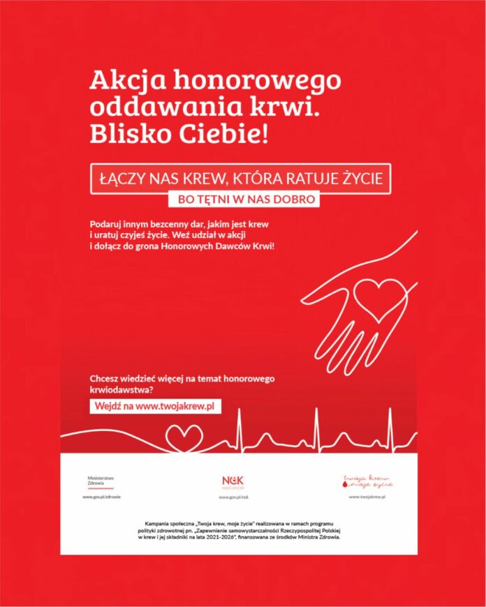 Czerwony plakat promujący honorowe oddawanie krwi, zachęcający do udziału w akcji i ratowania życia poprzez krwiodawstwo. Na plakacie znajduje się ilustracja dłoni z sercem oraz motyw EKG.
