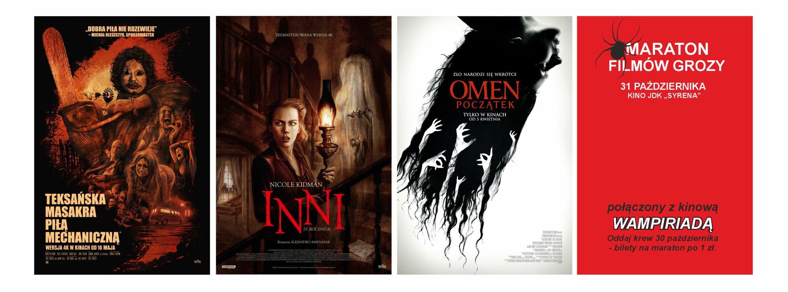 Plakat promujący Maraton Filmów Grozy w kinie JDK „Syrena” 31 października, połączony z akcją krwiodawstwa. Na grafice przedstawiono plakaty filmów „Teksańska masakra piłą mechaniczną”, „Inni” i „Omen: Początek” oraz informacje o godzinach seansów i wydarzeniu
