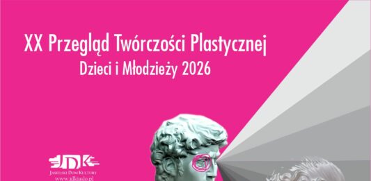 Plakat XX Przeglądu Twórczości Plastycznej Dzieci i Młodzieży 2026 „Sztuka mojej wyobraźni”. Na różowym tle znajdują się dwie białe rzeźby przedstawiające klasyczne popiersia, ozdobione różowymi, odręcznie narysowanymi okularami i sercem. Z punktu pomiędzy rzeźbami rozchodzą się promieniście kolorowe i szare pasy, tworząc kompozycję przypominającą wachlarz lub promienie wyobraźni. Na górze plakatu widnieje informacja o XX Przeglądzie Twórczości Plastycznej Dzieci i Młodzieży 2026 oraz wystawie pokonkursowej w Jasielskim Domu Kultury. Wystawa czynna jest od 9 do 31 grudnia 2026 r. Na dole znajduje się logo Jasielskiego Domu Kultury