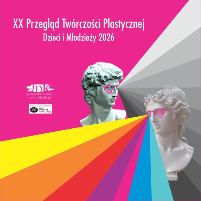 ikonka konkurs plastyczny Plakat XX Przeglądu Twórczości Plastycznej Dzieci i Młodzieży 2026 „Sztuka mojej wyobraźni”. Na różowym tle znajdują się dwie białe rzeźby przedstawiające klasyczne popiersia, ozdobione różowymi, odręcznie narysowanymi okularami i sercem. Z punktu pomiędzy rzeźbami rozchodzą się promieniście kolorowe i szare pasy, tworząc kompozycję przypominającą wachlarz lub promienie wyobraźni. Na górze plakatu widnieje informacja o XX Przeglądzie Twórczości Plastycznej Dzieci i Młodzieży 2026 oraz wystawie pokonkursowej w Jasielskim Domu Kultury. Wystawa czynna jest od 9 do 31 grudnia 2026 r. Na dole znajduje się logo Jasielskiego Domu Kultury