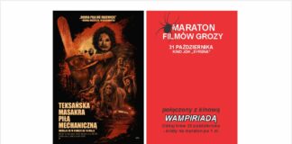 Plakat promujący Maraton Filmów Grozy w kinie JDK „Syrena” 31 października, połączony z akcją krwiodawstwa. Na grafice przedstawiono plakaty filmów „Teksańska masakra piłą mechaniczną”, „Inni” i „Omen: Początek” oraz informacje o godzinach seansów i wydarzeniu