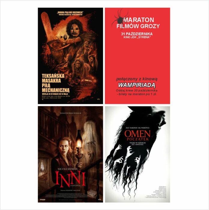 ikonka wampiriada Plakat promujący Maraton Filmów Grozy w kinie JDK „Syrena” 31 października, połączony z akcją krwiodawstwa. Na grafice przedstawiono plakaty filmów „Teksańska masakra piłą mechaniczną”, „Inni” i „Omen: Początek” oraz informacje o godzinach seansów i wydarzeniu