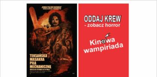 Plakat promujący Maraton Filmów Grozy w kinie JDK „Syrena” 31 października, połączony z akcją krwiodawstwa. Na grafice przedstawiono plakaty filmów „Teksańska masakra piłą mechaniczną”, „Inni” i „Omen: Początek”