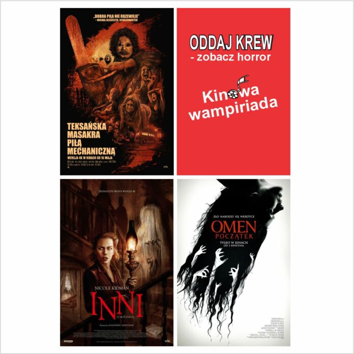 Plakat promujący Maraton Filmów Grozy w kinie JDK „Syrena” 31 października, połączony z akcją krwiodawstwa. Na grafice przedstawiono plakaty filmów „Teksańska masakra piłą mechaniczną”, „Inni” i „Omen: Początek”