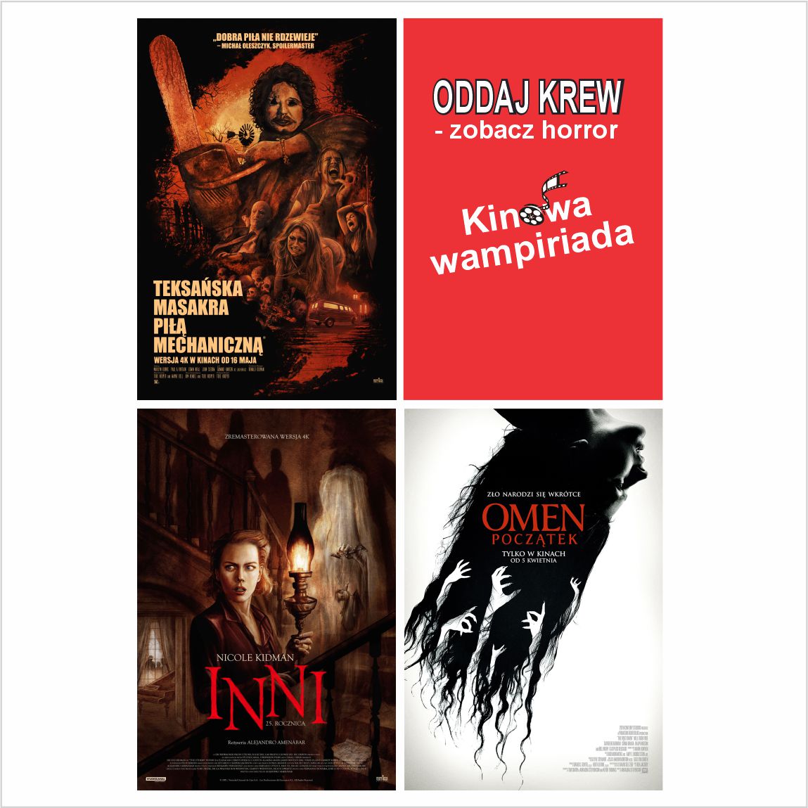 Plakat promujący Maraton Filmów Grozy w kinie JDK „Syrena” 31 października, połączony z akcją krwiodawstwa. Na grafice przedstawiono plakaty filmów „Teksańska masakra piłą mechaniczną”, „Inni” i „Omen: Początek”