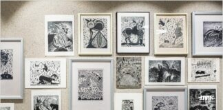 grafika z napisem "linoryt forma znakowa", w tle duża ilość czarno białych obrazów w technice linorytu