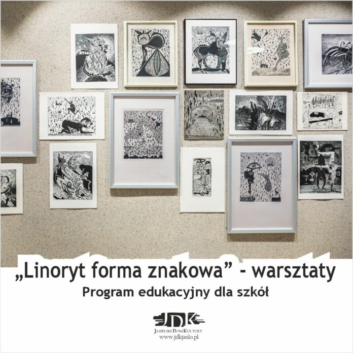 ikonka warsztaty linoryt grafika z napisem "linoryt forma znakowa", w tle duża ilość czarno białych obrazów w technice linorytu