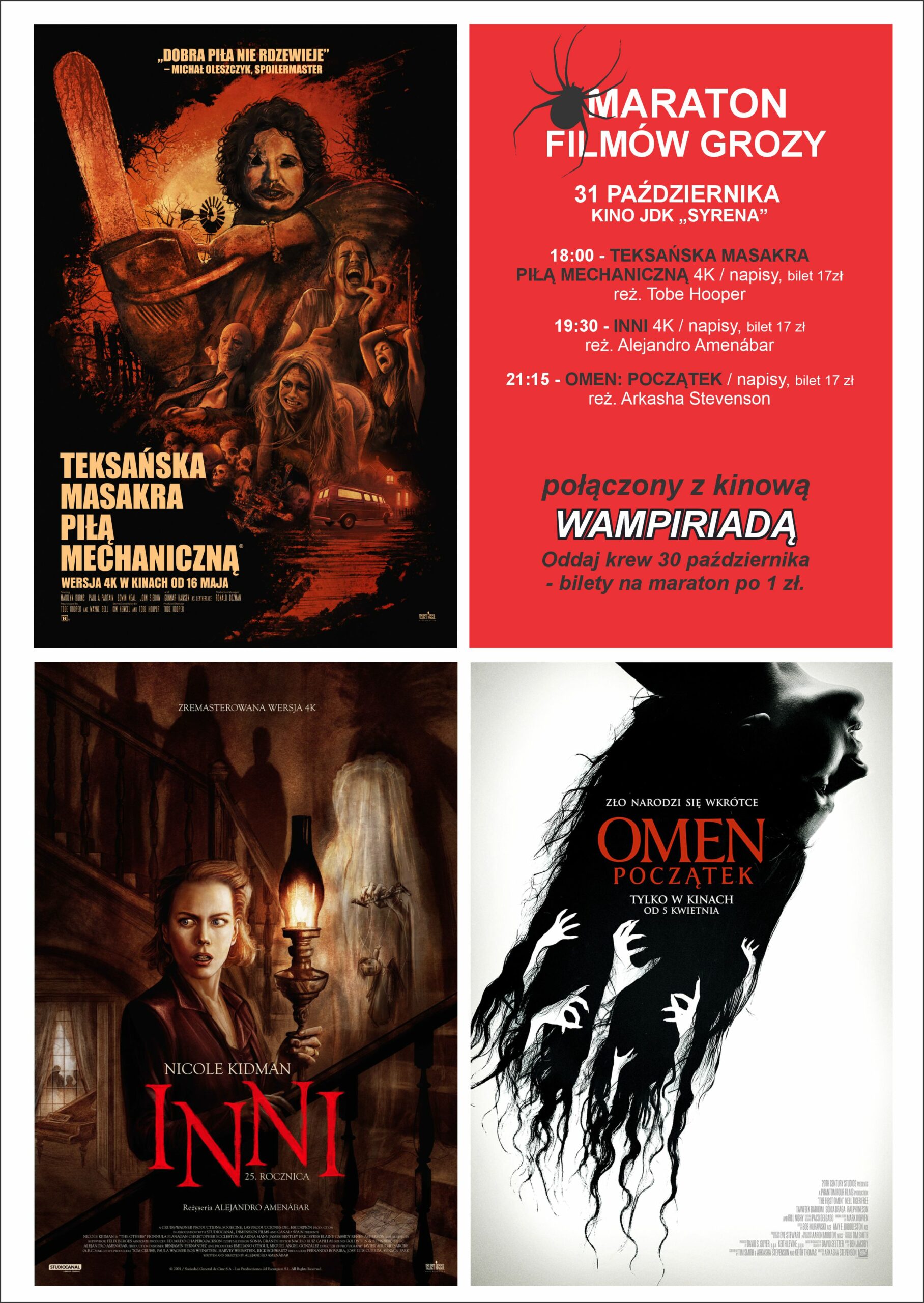Plakat promujący Maraton Filmów Grozy w kinie JDK „Syrena” 31 października, połączony z akcją krwiodawstwa. Na grafice przedstawiono plakaty filmów „Teksańska masakra piłą mechaniczną”, „Inni” i „Omen: Początek” oraz informacje o godzinach seansów i wydarzeniu