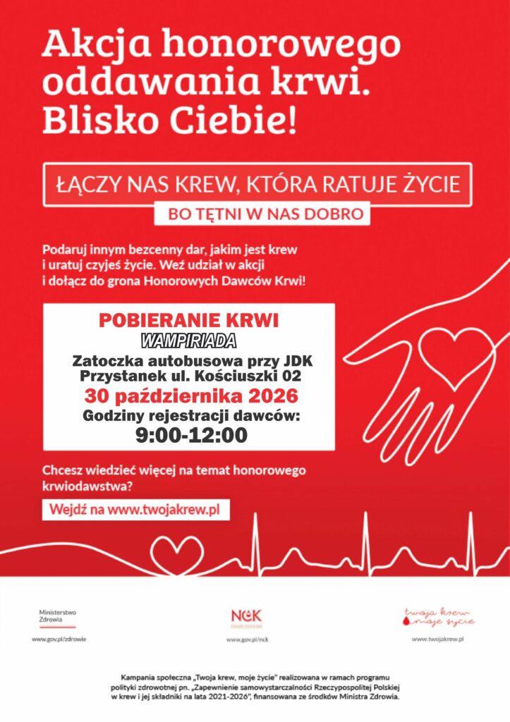 Czerwony plakat promujący akcję honorowego oddawania krwi „Wampiriada”. Informuje o pobieraniu krwi 30 października 2026 roku przy JDK w Przemyślu, w godzinach rejestracji 9:00–12:00. Na plakacie widnieją grafiki dłoni z sercem i linii EKG oraz hasła zachęcające do oddawania krwi i ratowania życia.